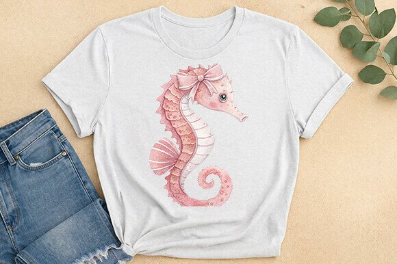 Charming Appeal: The Cute Pink Seahorse Bow Graphic Tee